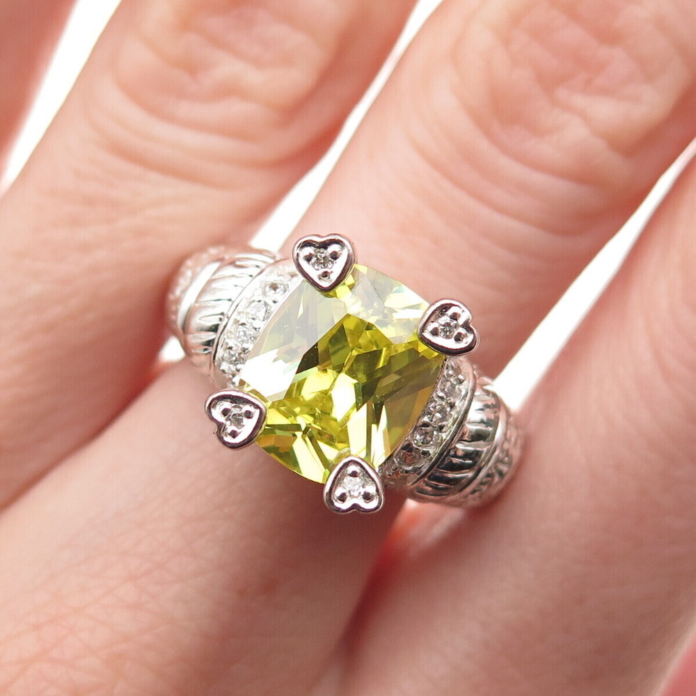 RJ Graziano 925 Sterling Silver Canary & White C Z Heart Ring Size 8.25